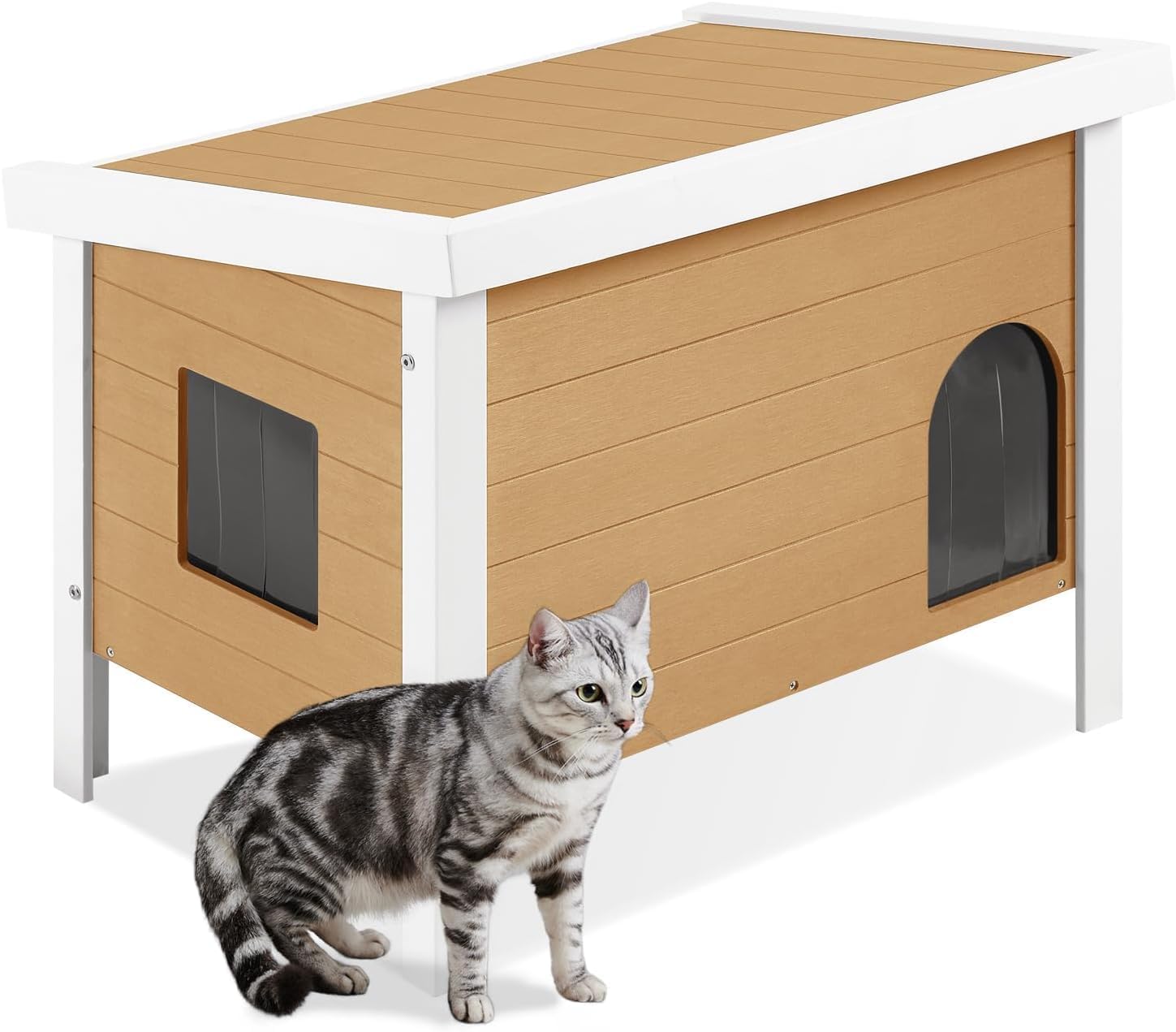 Psilvam Outdoor Cat House Weatherproof, Poly Lumber Cat Houses for Outdoor Cats Insulated, Feral Cat Shelter with Escape Door and Openable Roof 17.3"