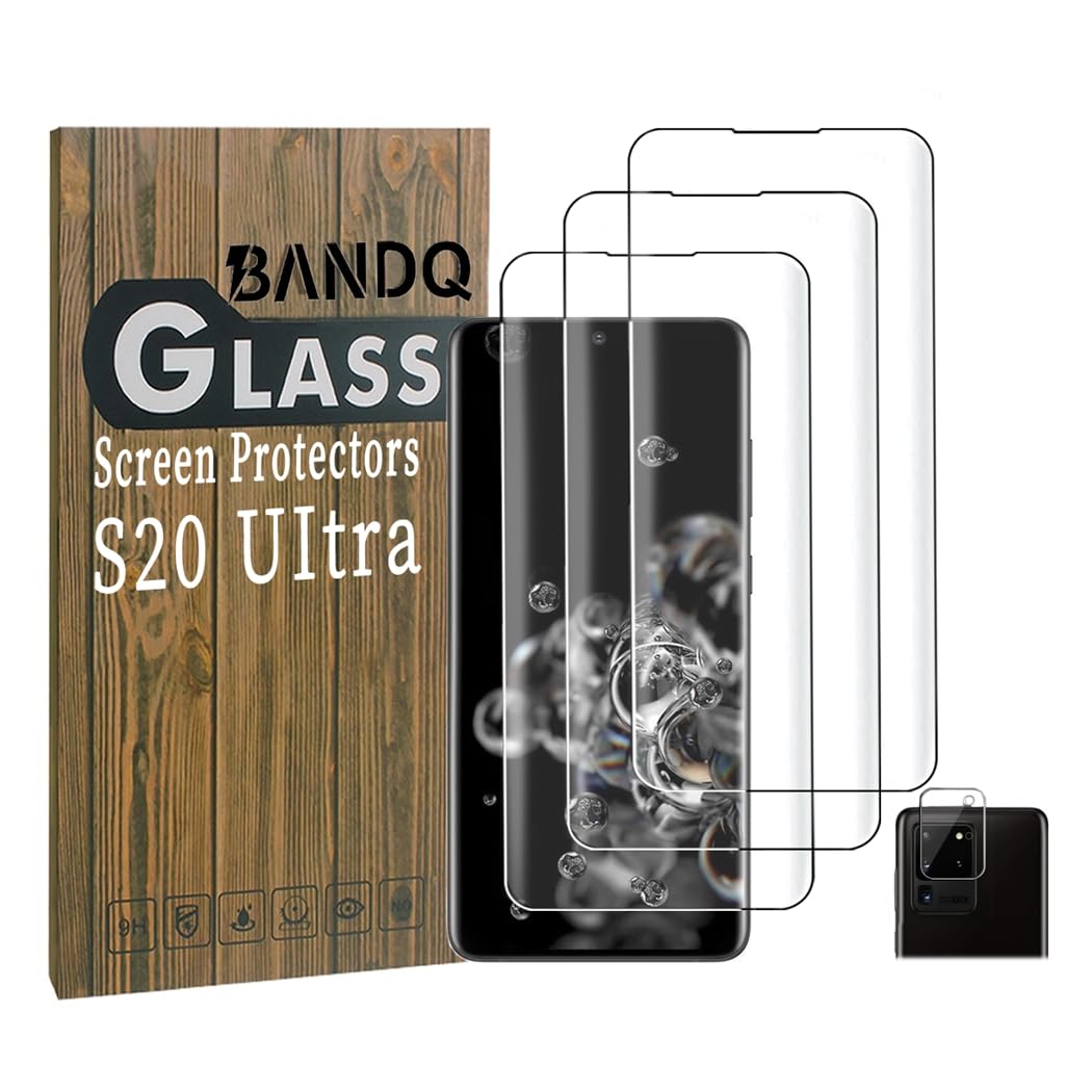 BANDQ 3 Pack for Samsung Galaxy S20 Ultra Screen Protector【3+1 Pack】 1 Pack Camera Lens Protector, 9H Scratch-Resistant HD Clear Tempered Glass Screen Protector for Galaxy S20 Ultra Screen Protector