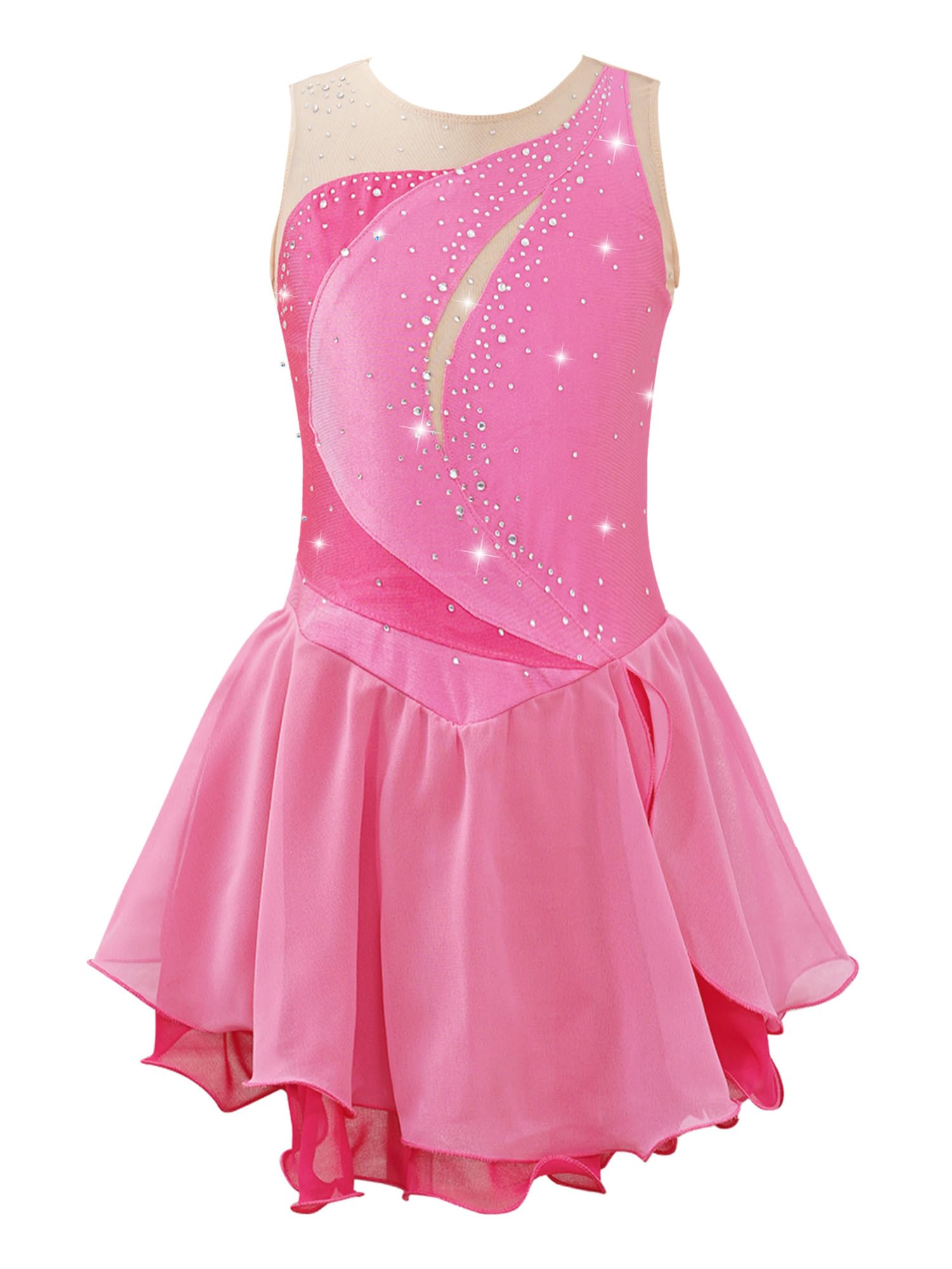 IEFIEL Vestido de Patinaje Artístico para Niña Maillot Ballet con Falda Malla de Gimnasia Rítmica sin Mangas con Lentejuelas Brillantes Vestido de Danza Lírica — view 29