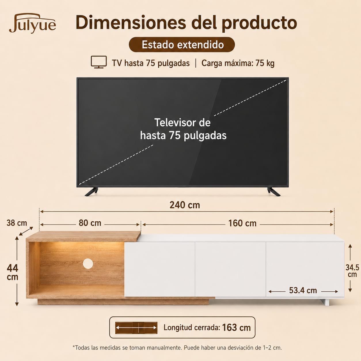 Mueble TV Extensible 163-240 cm, Mueble Bajo con LED Sensor, USB y Pasacables, 3 Cajones de Apertura a Presión, para Televisor hasta 75 Pulgadas