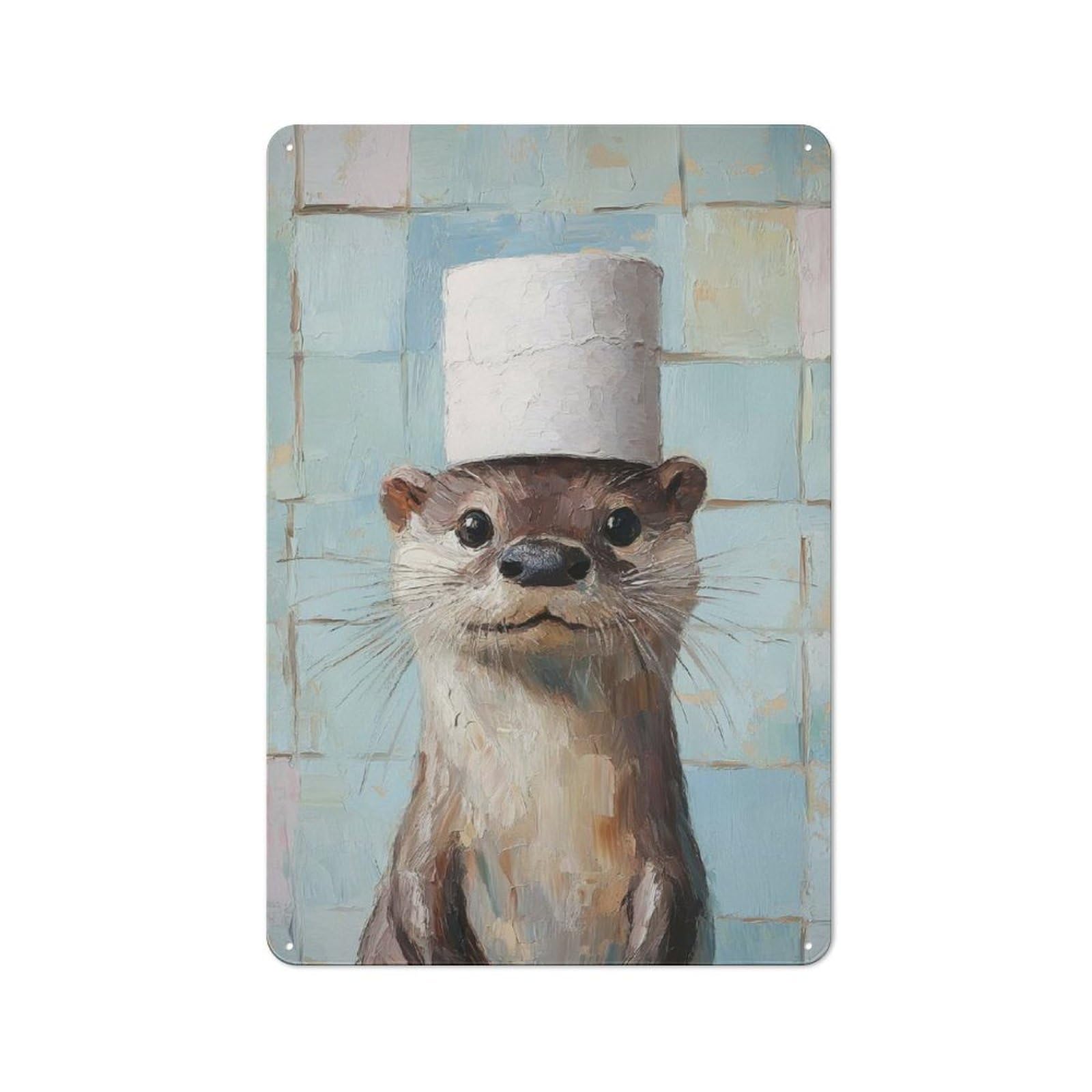 Otter in A Toilet Paper Hat Decorative Metal Sign 30x20cm, Creative Studio Wall Plaque for Hobby Room, Office, Lounge Or Living Room