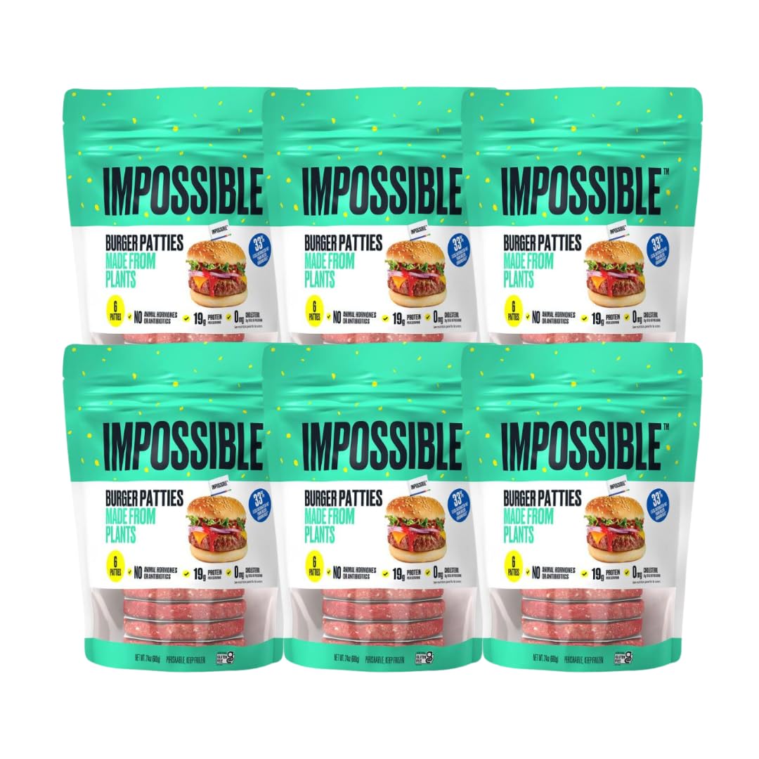 Impossible Burger Patties - 19g of Protein - No Animal Hormones and Antibiotics - Gluten Free Certified - Halal, 6 -Pack (1/4lb Each) Ready Set