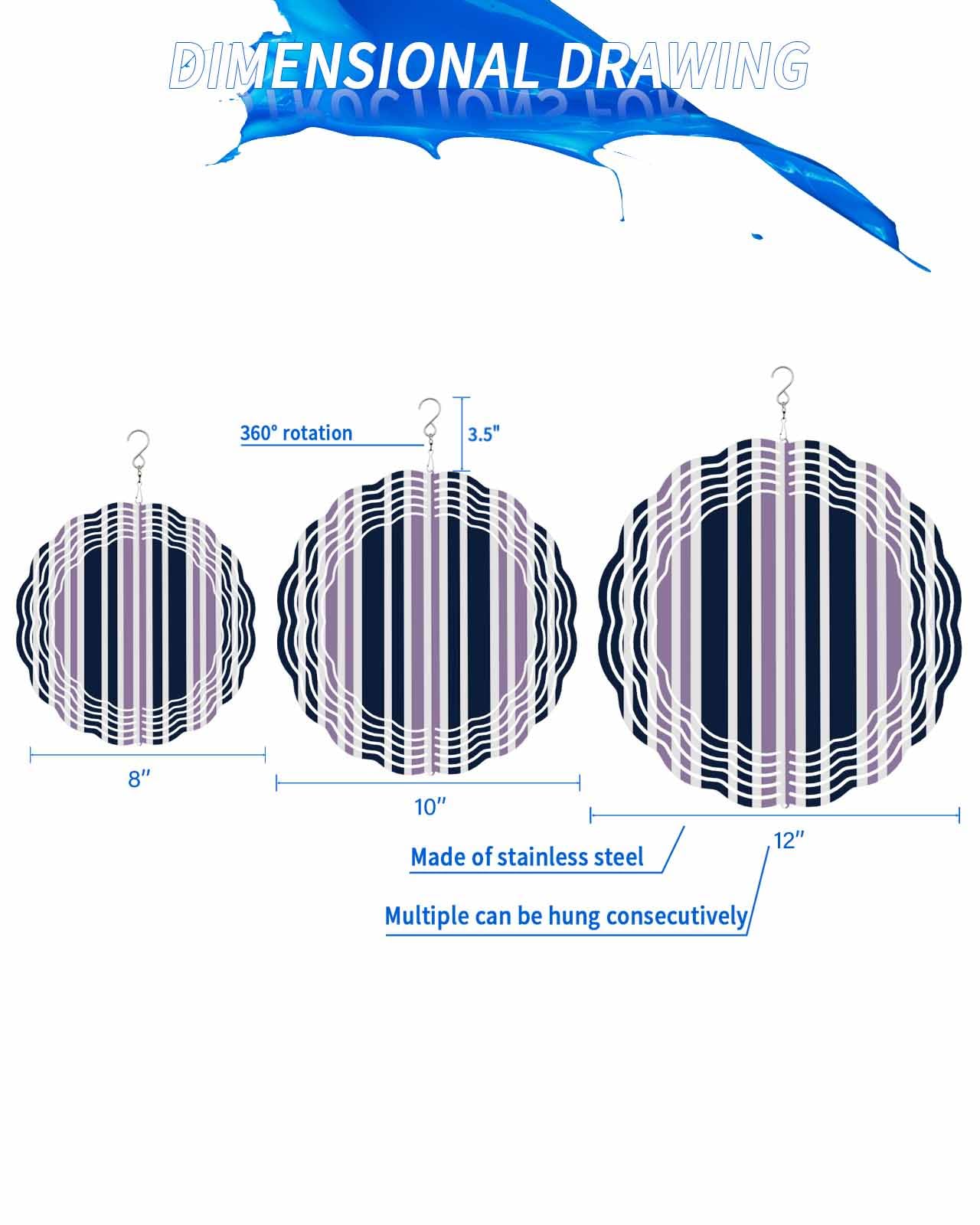 Retro Wind Spinners, Purple and Dark Blue Stripes Hanging Wind Spinners for Yard and Garden 3D Stainless Steel Metal Sculptures Crafts Ornaments 12 Inch