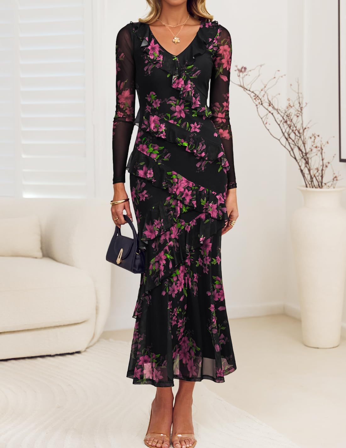 ZESICA Women's Fall Floral Long Sleeve Maxi Dress 2026 Boho Bodycon V Neck Ruffle Wedding Party Long Dresses - Image 5