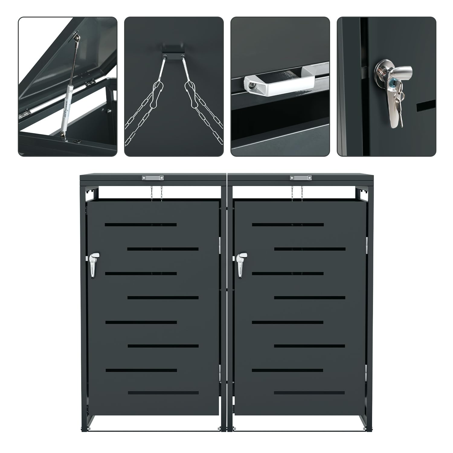 Lot de 2 cache-poubelles en métal pour poubelles de 120 l/240 l, résistant aux intempéries, verrouillable, avec vérins à gaz et chaînes de couvercle, anthracite