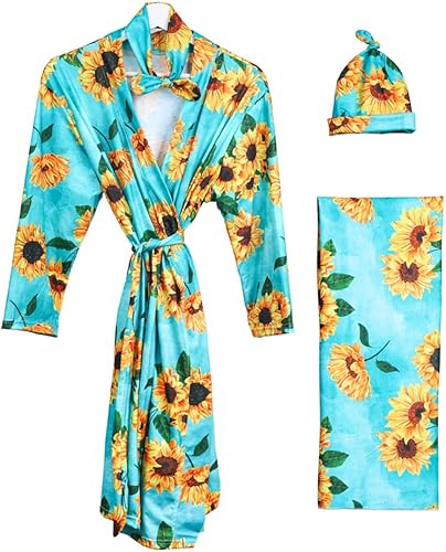 AWIBMK Mommy and Me Robe and Swaddle Set Floral Maternity and Baby Matching Delivery Blanket Headband for Mom Girl Boy 4pcs