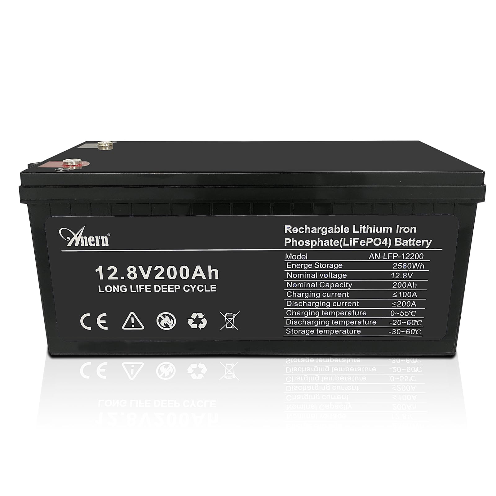 Anern Batteria Litio 12V 200Ah, Batteria Lifepo4 2560Wh con BMS 200A Fino a 15000 Cicli perfetto per il campeggio, l'accumulo di energia domestica solare, RV, Off-Grid