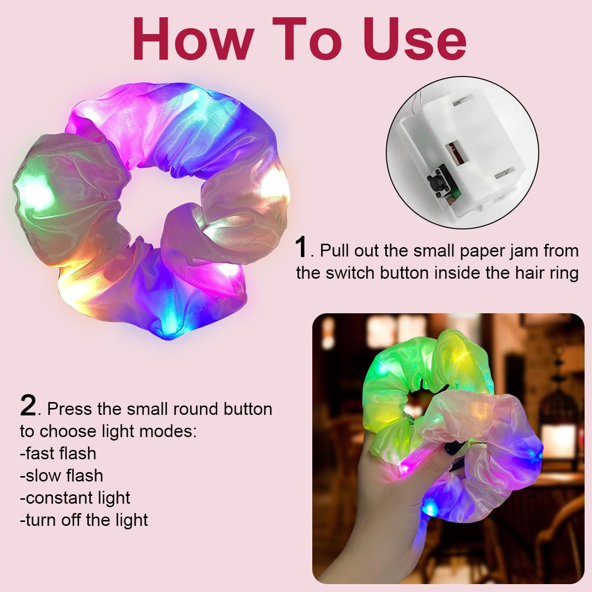 URAQT LED Light Up Elastic Hair Bands, 6pcs Luminous Hair Ties, 3 Colors Light Modes LED Scrunchies - Image 3