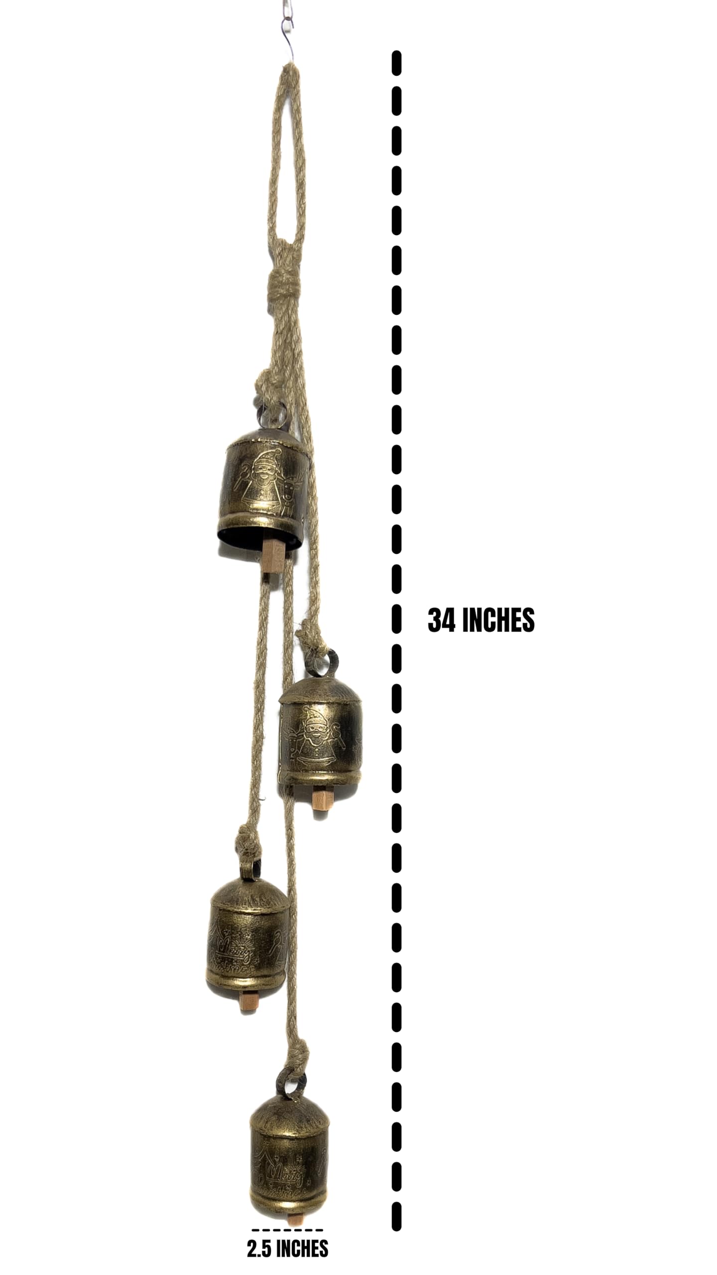 Bellshub Rustic Style 4 Bells Cluster Vintage Handmade Metal Harmony Christmas Hanging Cow Bells On Jute Rope (Pattern 2)
