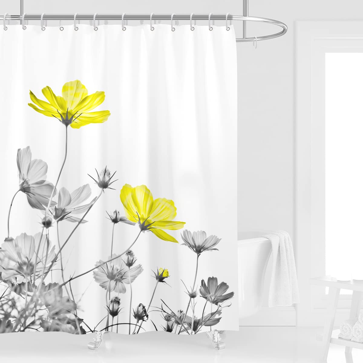 Kikiry Yellow Gray Shower Curtain 60''W x 72''L White Grey Flowers Wildflower Daisy Floral Ink Painting Botanical Simple Elegance Bathroom Curtains