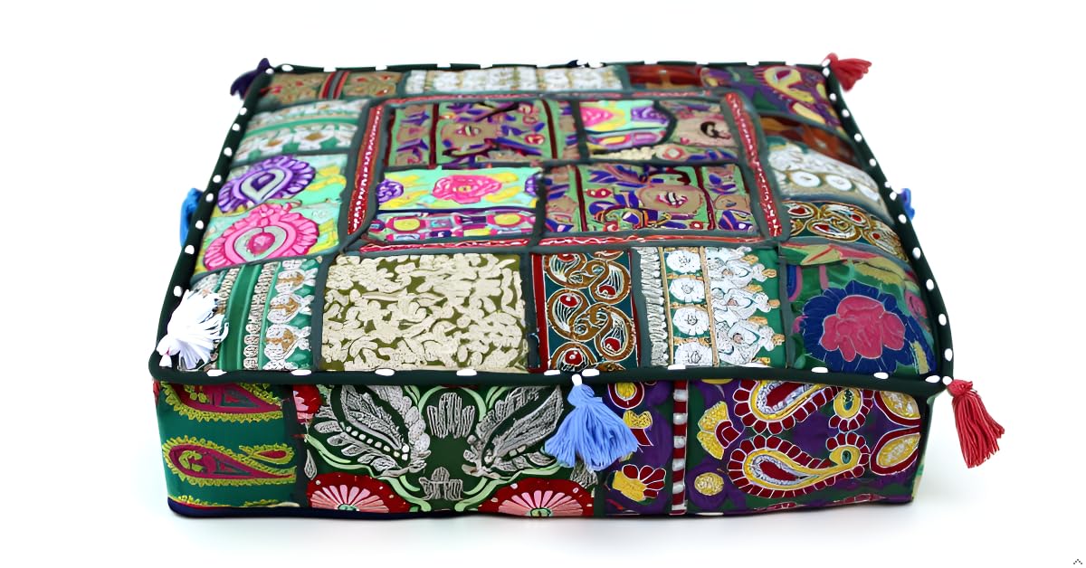 CRAFT KALA Indian Square Patchwork Traditional Pouf Cover Indian Living Room Poufs Decorative Embroidered Designer Ottoman Home Footstool Chair Cover Decor Pillow Cover 22x22x5 inches, Light Green โ image 1