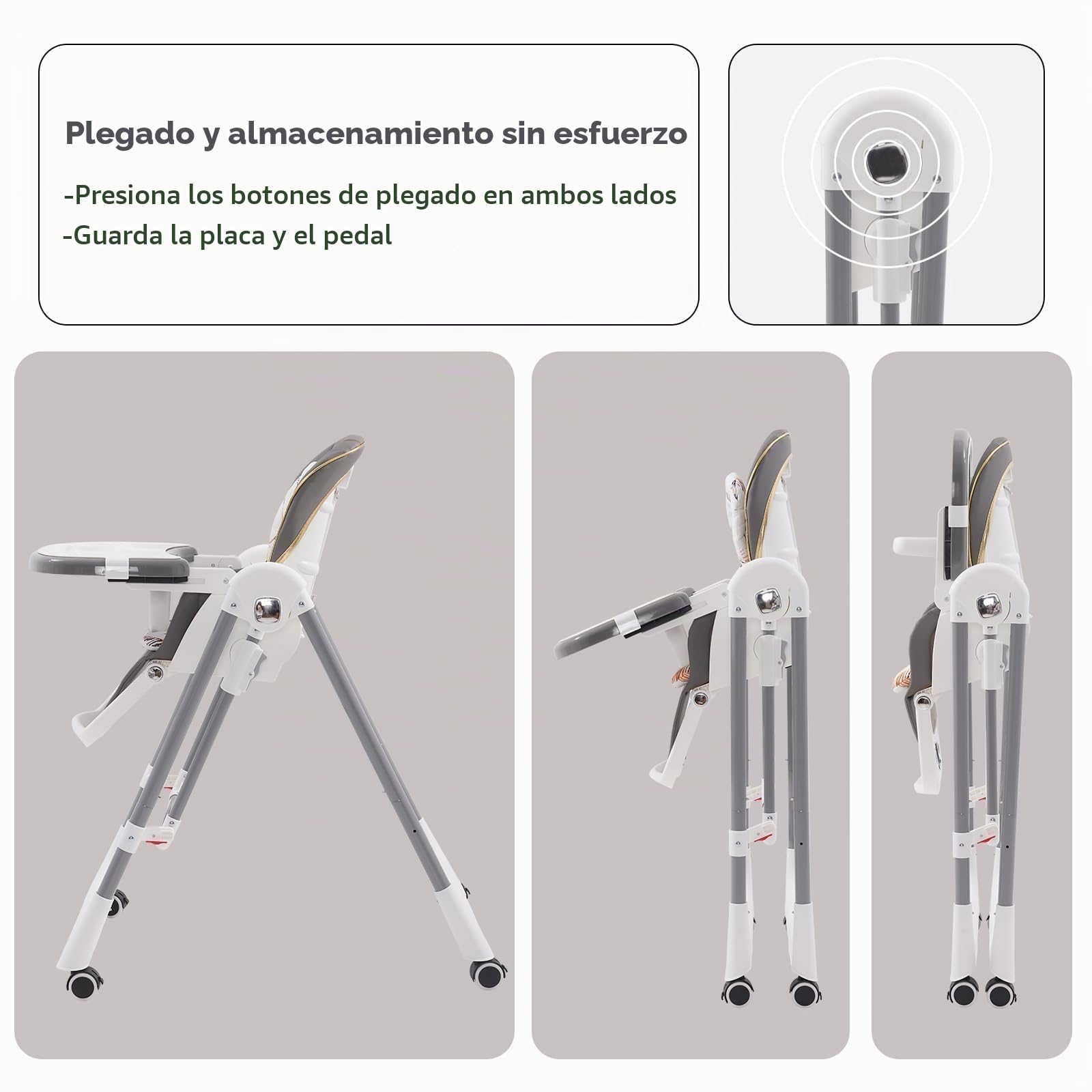 Trona Plegable para Bebé,Silla de Comer con Arnés y Ruedas con Bloqueo,Trona Regulable en Altura con Bandeja Extraíble para Bebés y niños Pequeños.