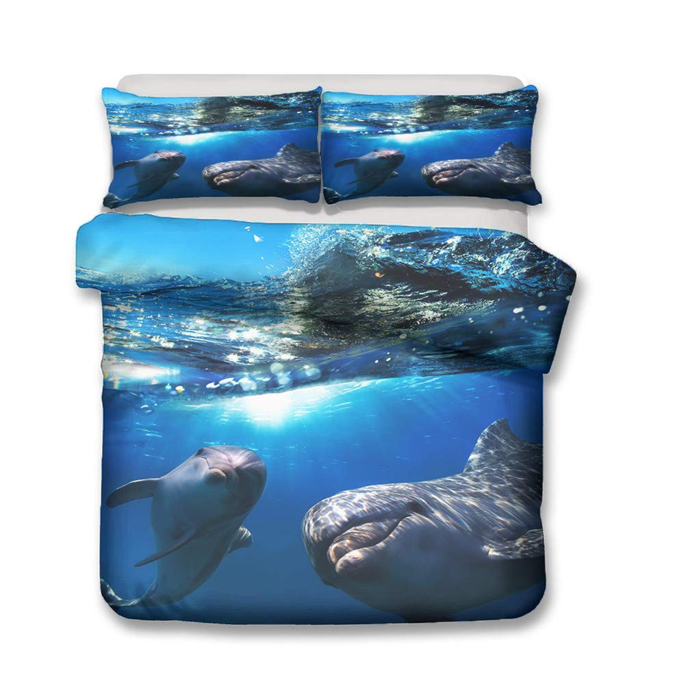 Sticker superb Set Copripiumino con Federa, 3D Blu Mare Animale Pesce Bello Delfino Effetto Copripiumino, 1/2 Persone Autunno Inverno Copripiumino ( Delfino 2, 135x200cm