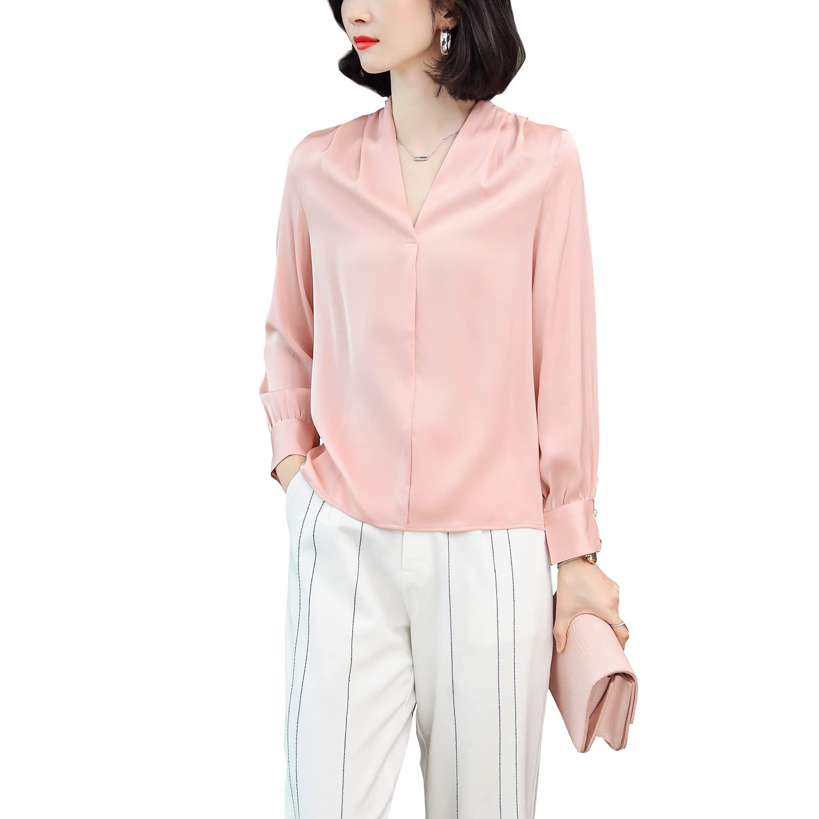 DISSA S3365 - Blusa de seda para mujer, de manga larga, cuello en V, Rosa., 46