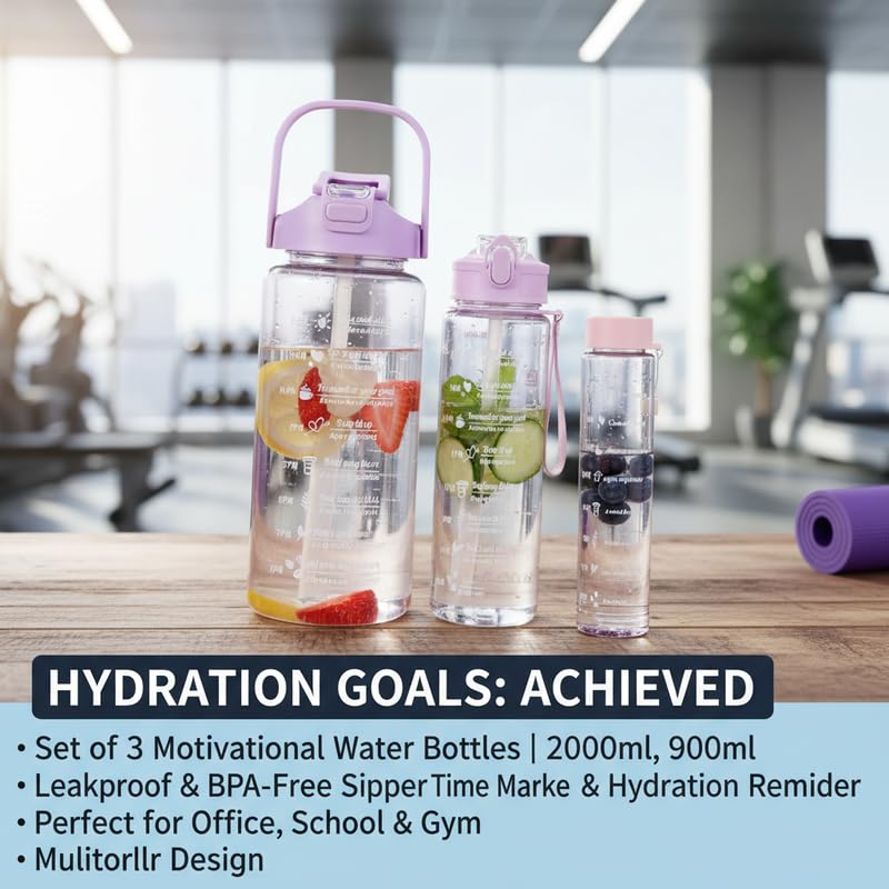 Image of zEdx Combo Pack of 3 Motivational Water Bottles with Time Marker | 2L, 900ml & 300ml BPA Free Sipper | Food-Grade Plastic | Leakproof for Home, Office, Gym & Travel