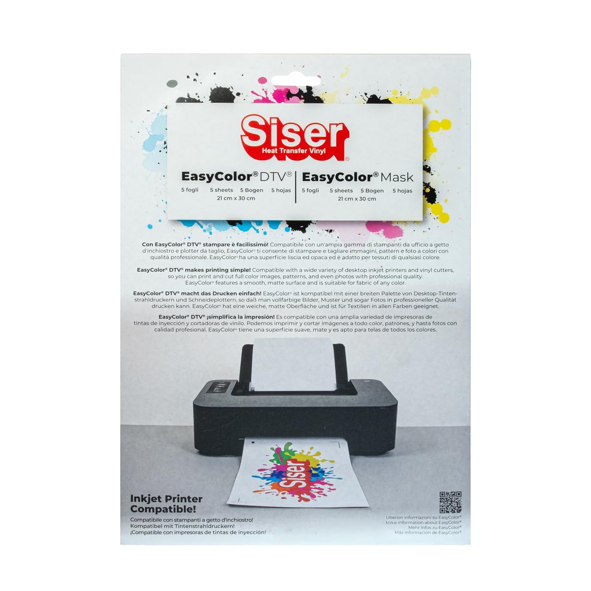 Siser Easy Color DTV pack 5+5, Vinile Termotrasferibile Termoadesivo Stampabile con Stampanti a Getto d'Inchiostro. 5 Fogli Formato A4 di Easy color e 5 Fogli Formato A4 di Application Tape