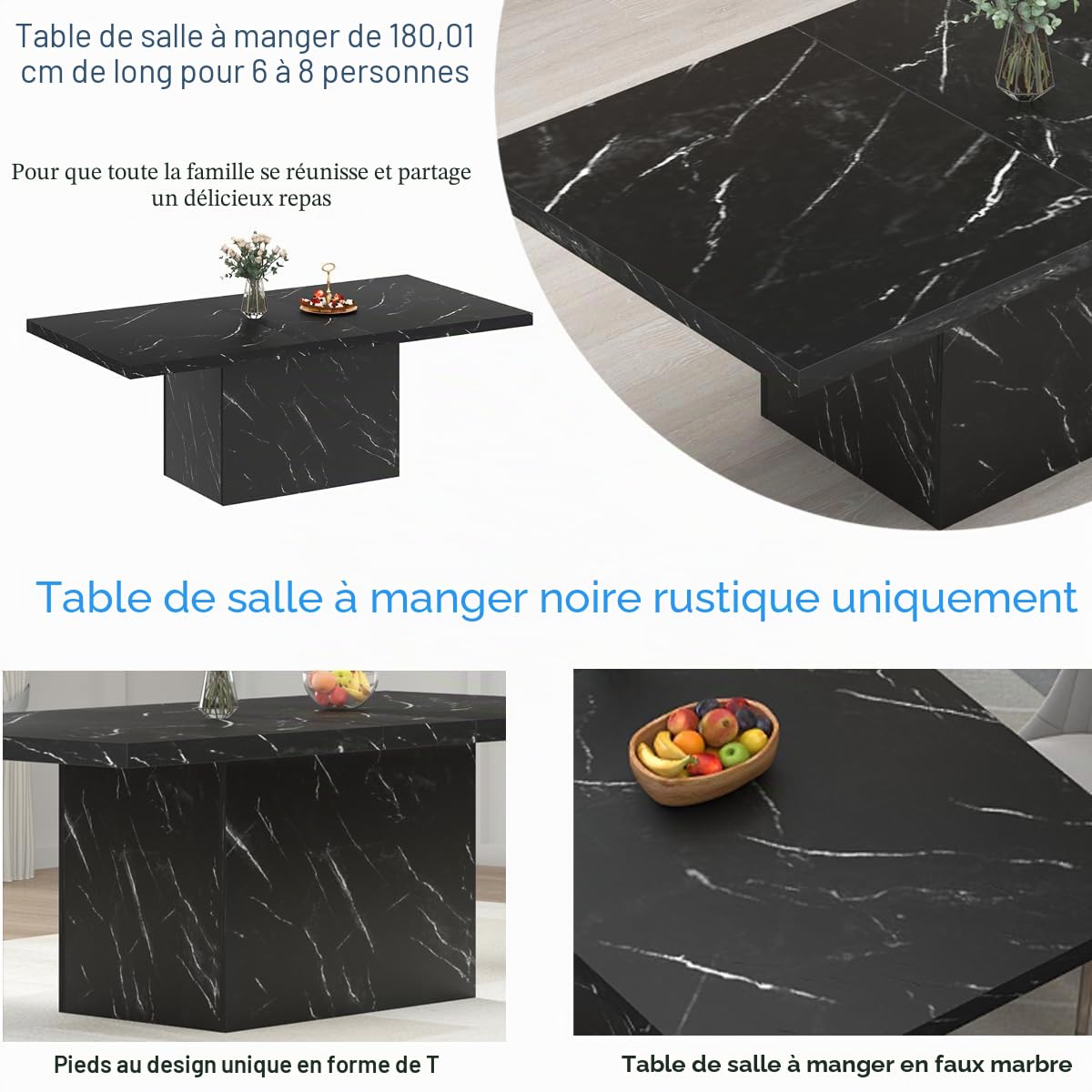 HSH Table de Salle à Manger Rectangle Table de Cuisine pour 6 à 8 Personnes Table Grand en Bois Design Industriel pour la Maison et Le Bureau Marbre Noir 180 cm