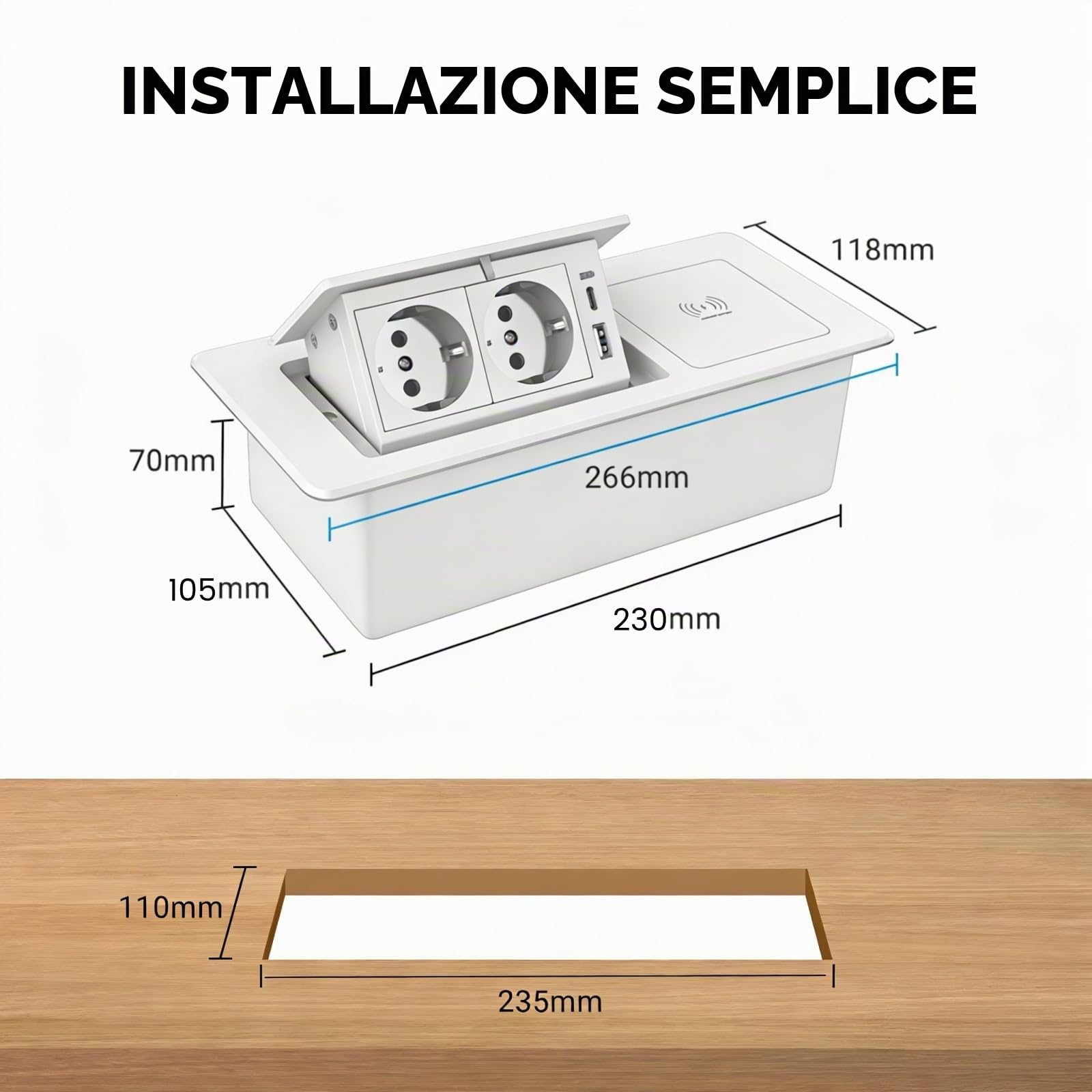 Presa a scomparsa PD20 W, USB C e 15 W, ricarica wireless, 2 prese, per scrivania, piano di lavoro della cucina, bianco