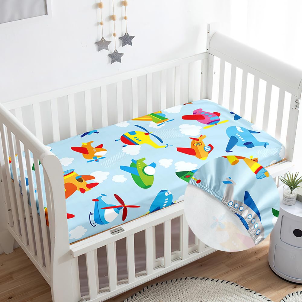 Odot Cot Bed Fitted Sheets, Toddler Baby Travel Cot Sheets, Cartoon Print Microfiber Mattress Protector Cozy Breathable Bedding for Bedside, Cradle,Cribs, Bassinet (Blue Plane,70x140cm) — image 1