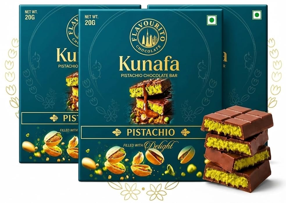 Image of Flavourito Kunafa Pistachio Chocolate Bar 20g, Satisfying, Sharp Snap Of Smooth Milk Chocolate that Gives Way to a Creamy, Rich, and Nutty Pistachio (20g Pack Of 3) DECADENT FOODS