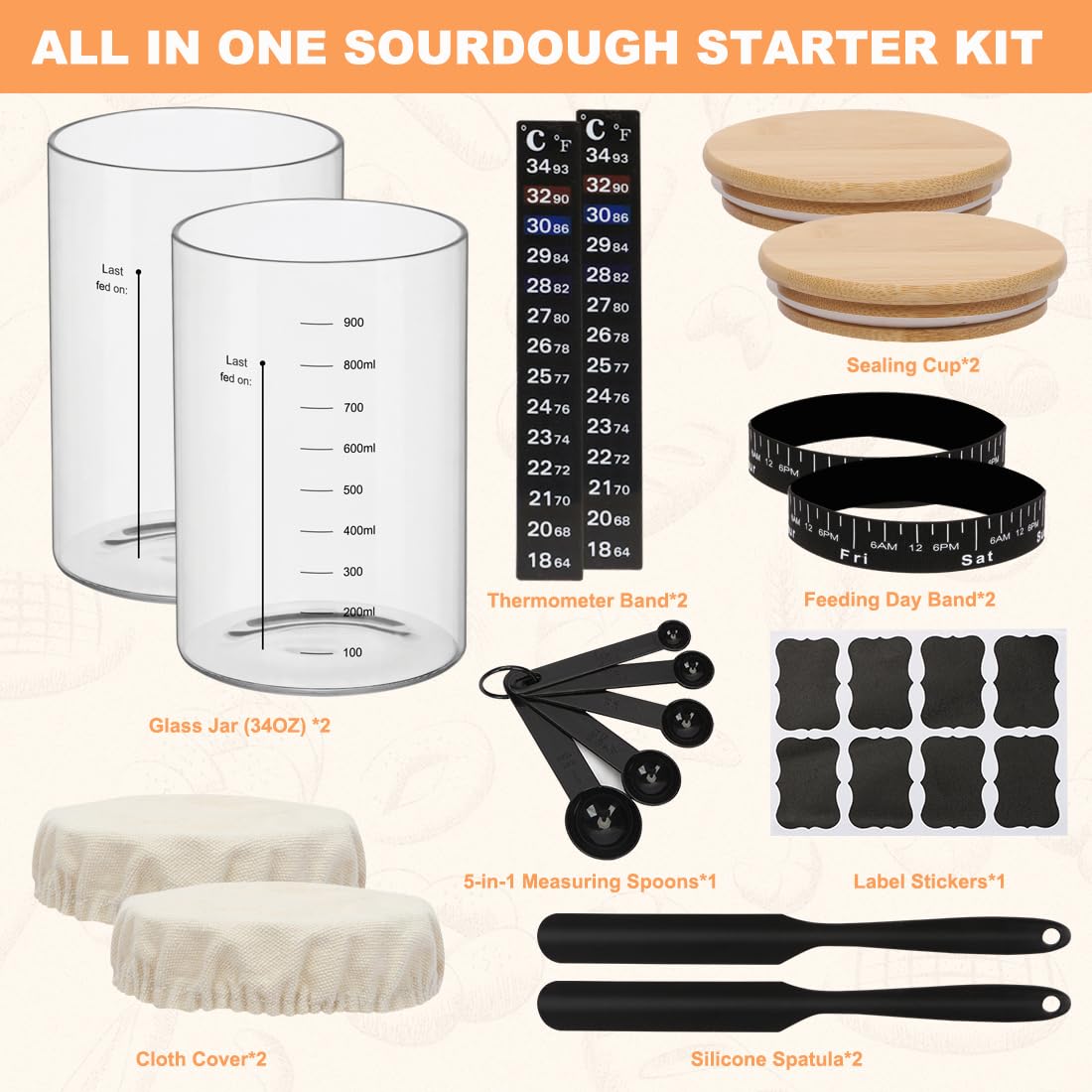 ZgoEC 18pcs Sourdough Starter Jar, 1Lx2 Glass Sourdough Starter Kit with Wooden Lid - Image 3