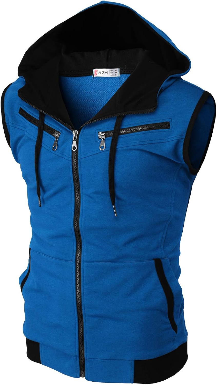 H2H Mens Casual Slim Fit Zipup Hoodie Vest Lightweight Sleeveless