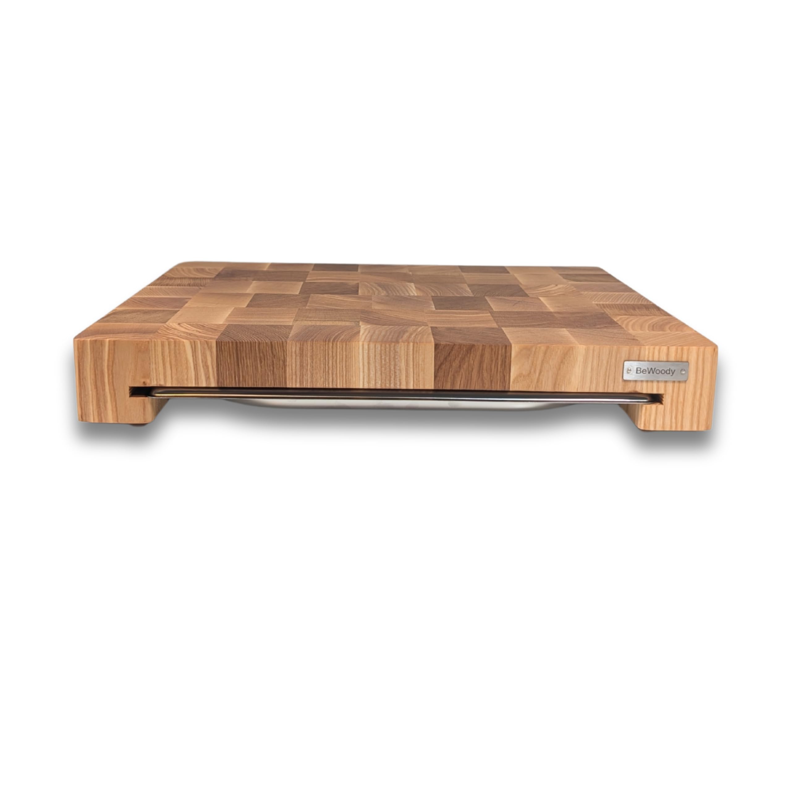 Premium Stirnholz Schneidebrett Eiche & Esche 40×30×5,5 cm – mit Edelstahlschublade 1,3 L – Küchenbrett rutschfest & massiv