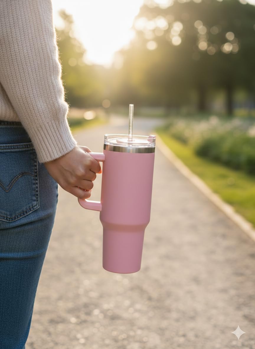 THIRSTEE 40 Oz Tumbler With Handle And Straw Insulated Stainless Steel Cup 100% Leakproof Mug For Hot And Cold Drinks Water Bottle Use For Travel, Office Coffee Mug, Gym - Pastel Pink - Image 5