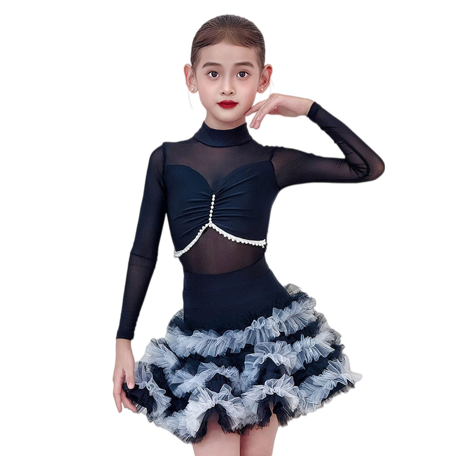 MEECHI Mädchen Latein Tanzkleid, Kinder Mesh Langarm Leotards Und Tüllrock Girls Wettbewerb Performance Dance Dress Tanzoutfit Für Rumba Samba Cha Cha Tango