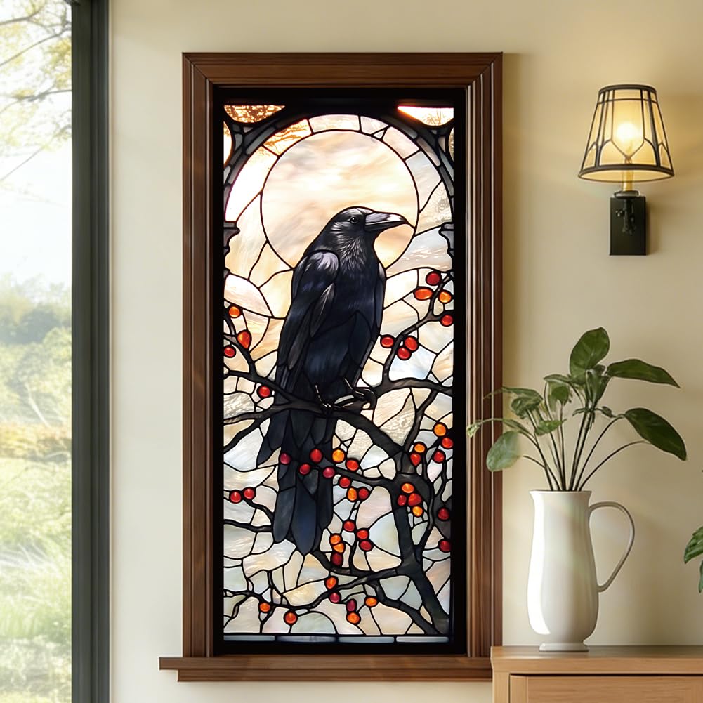 PRESSINART Gothic Window Privacy Film Crow 17.5 x 39.4 Inch Removable Vinyl Static Cling, Stain Glass Window Cling Birds UV Heat Blocking Rainbow Decals for Glass Doors Living Room Bedroom Home Decor — image 1