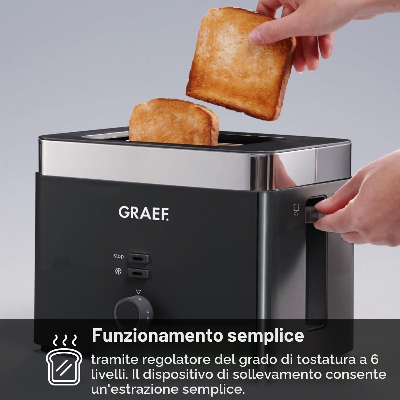 Tostapane GRAEF TO62 Nero Tostapane a 2 fette con attacco per panini, spegnimento di sicurezza, centratura delle fette di pane e vassoio raccoglibriciole