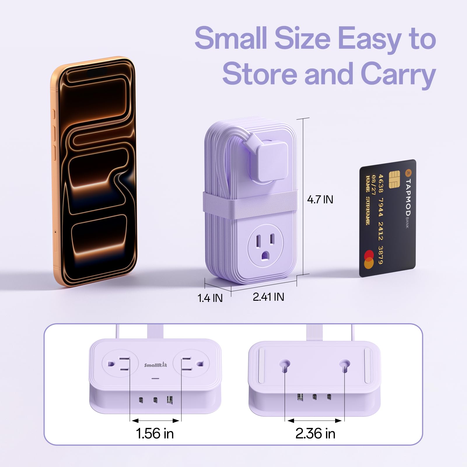 SMALLRT Tragbare Mehrfachkontakt-Steckdosenleiste, 7-in-1, 2 Stück, Flachstecker mit aufgerolltem Kabel, 0,98 m, elektrische Verlängerung mit 3 USB (2 USB C) für Reisen, Hotel, Kreuzfahrt, Violett