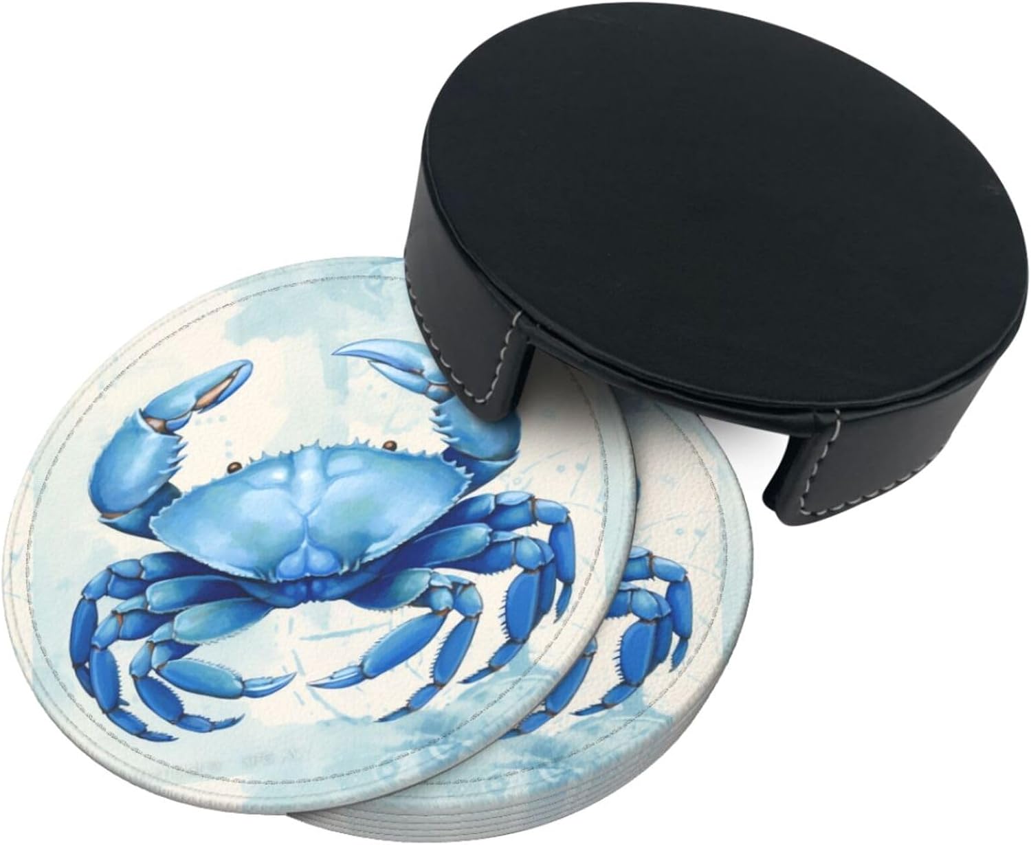 6 Pcs Retro Blue Crab Leather Coasters for Drinks with Holder Round Mug Mat Table Desk Coasters Set Cup Coasters for Living Room Kitchen Coffee Decor