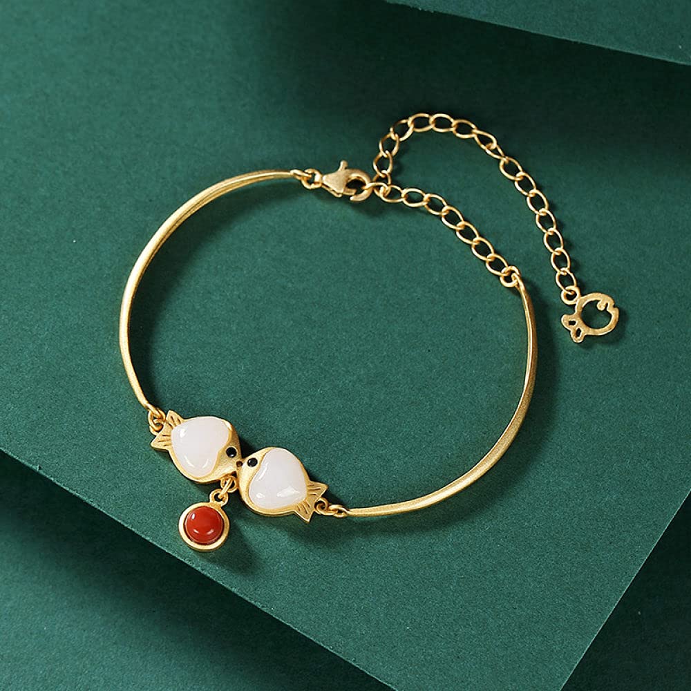 Girls Accessories Bracciale in Argento Sterling 925 Vintage per Donna Semplice Giada Giada Bianca Pesci Dorati Fascino Classico Gioielli Spiaggia Estiva Birthday Gift