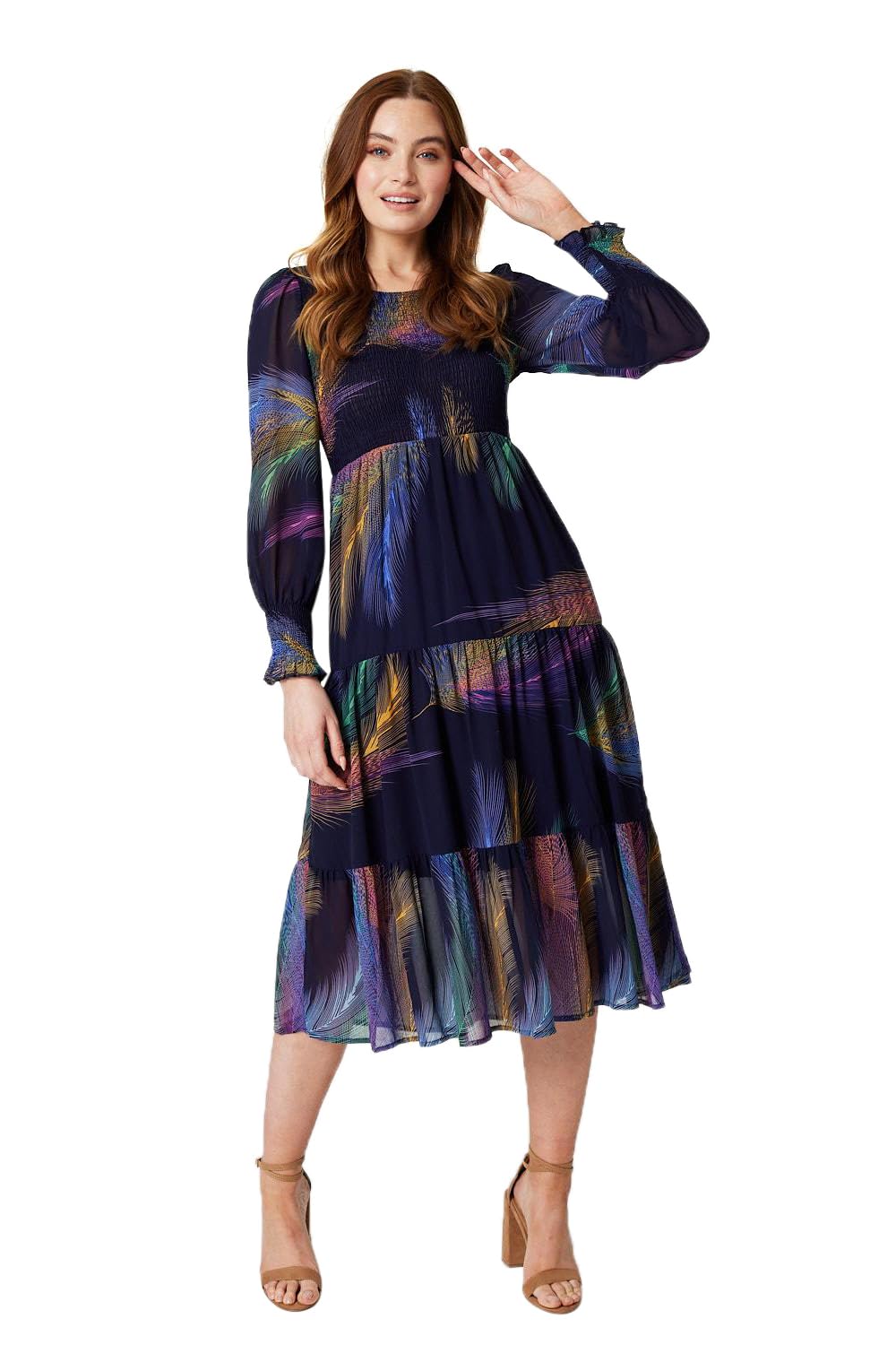 Izabel London Women's Blue Feather Print Midi Smock Dress In | : Size 8