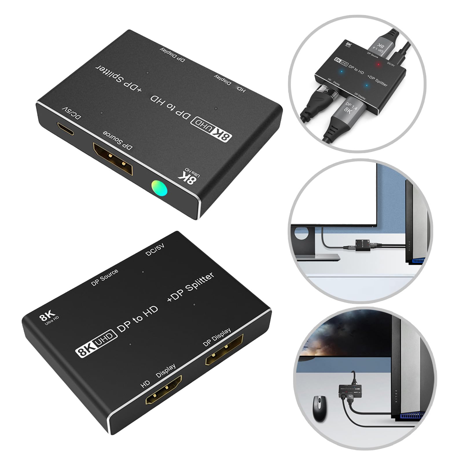 Ozeau 8k DisplayPort Splitter 1 in 2 Out 8K@30Hz 4K@6Hz DisplayPort Splitter Adapter 1x2 Port DisplayPort Splitter for Monitors