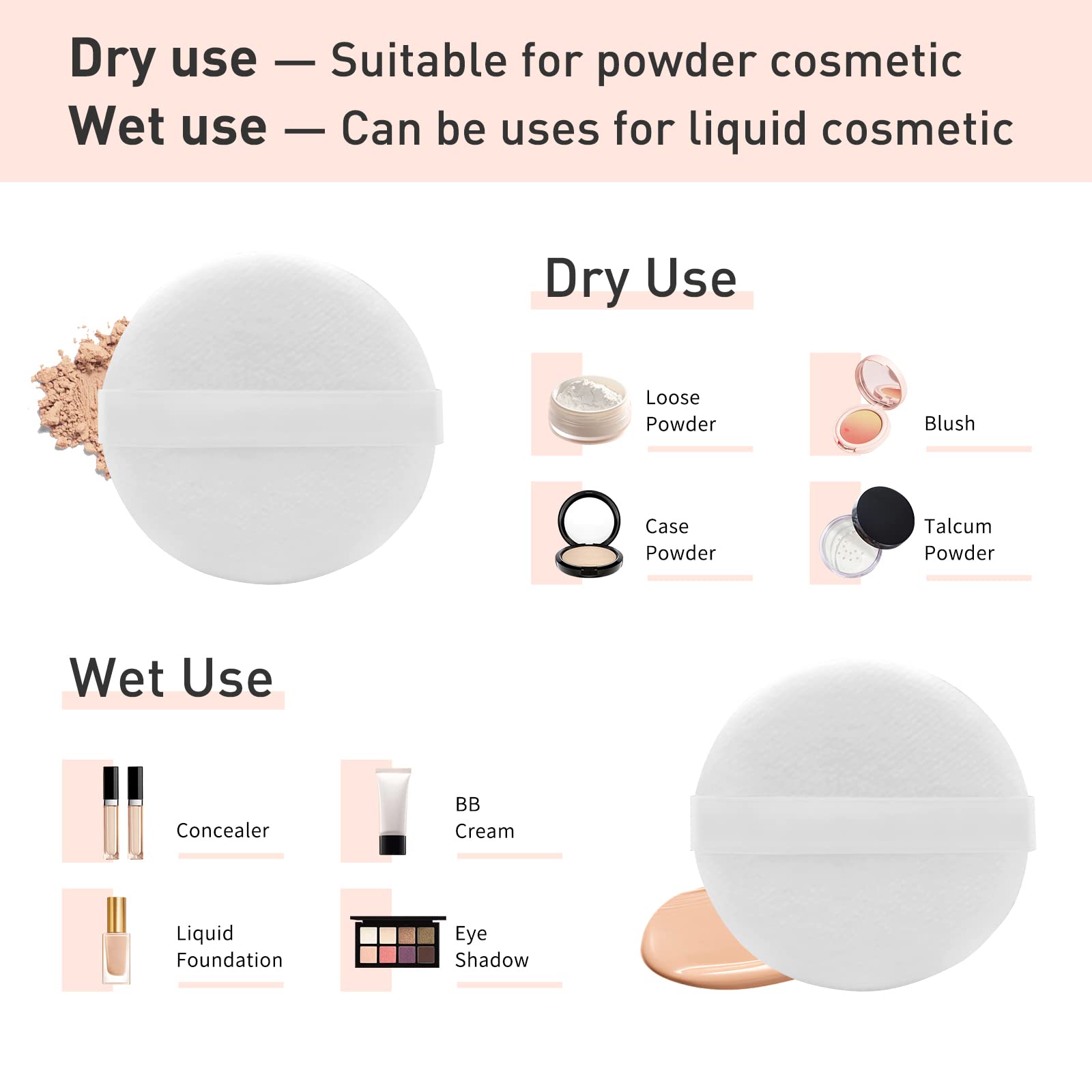 Zvrlampro 4 Pieces Cotton Powder Puff, Soft Makeup Puff for Loose Powder Foundation, Face Puff Pads Body Cosmetic Foundation (White, 3.15 Inch)