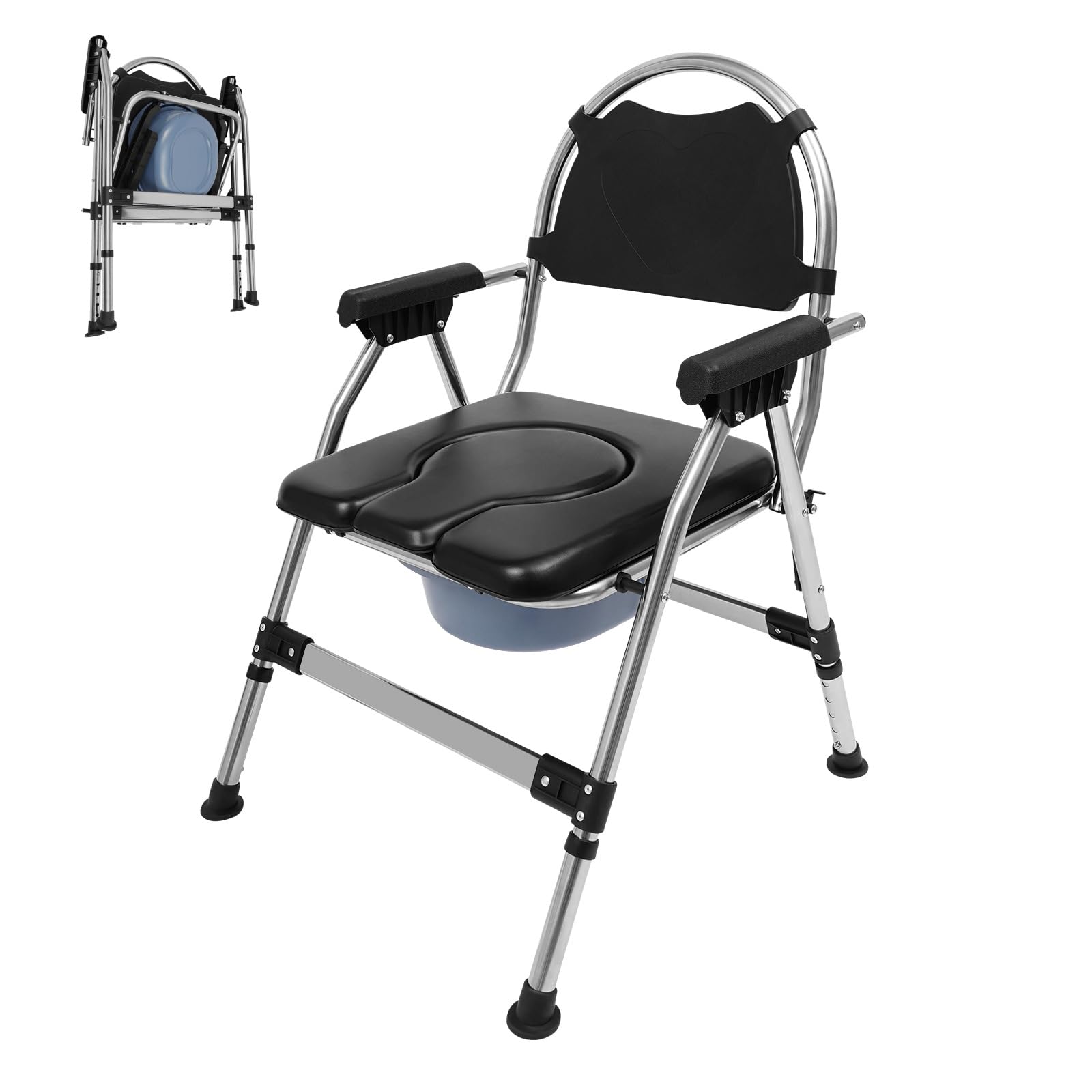 Silla de baño para personas mayores, portátil, silla de ducha regulable en altura, silla de ducha plegable con placa de asiento acolchada y cubo de inodoro, capacidad de carga de 150 kg, color negro
