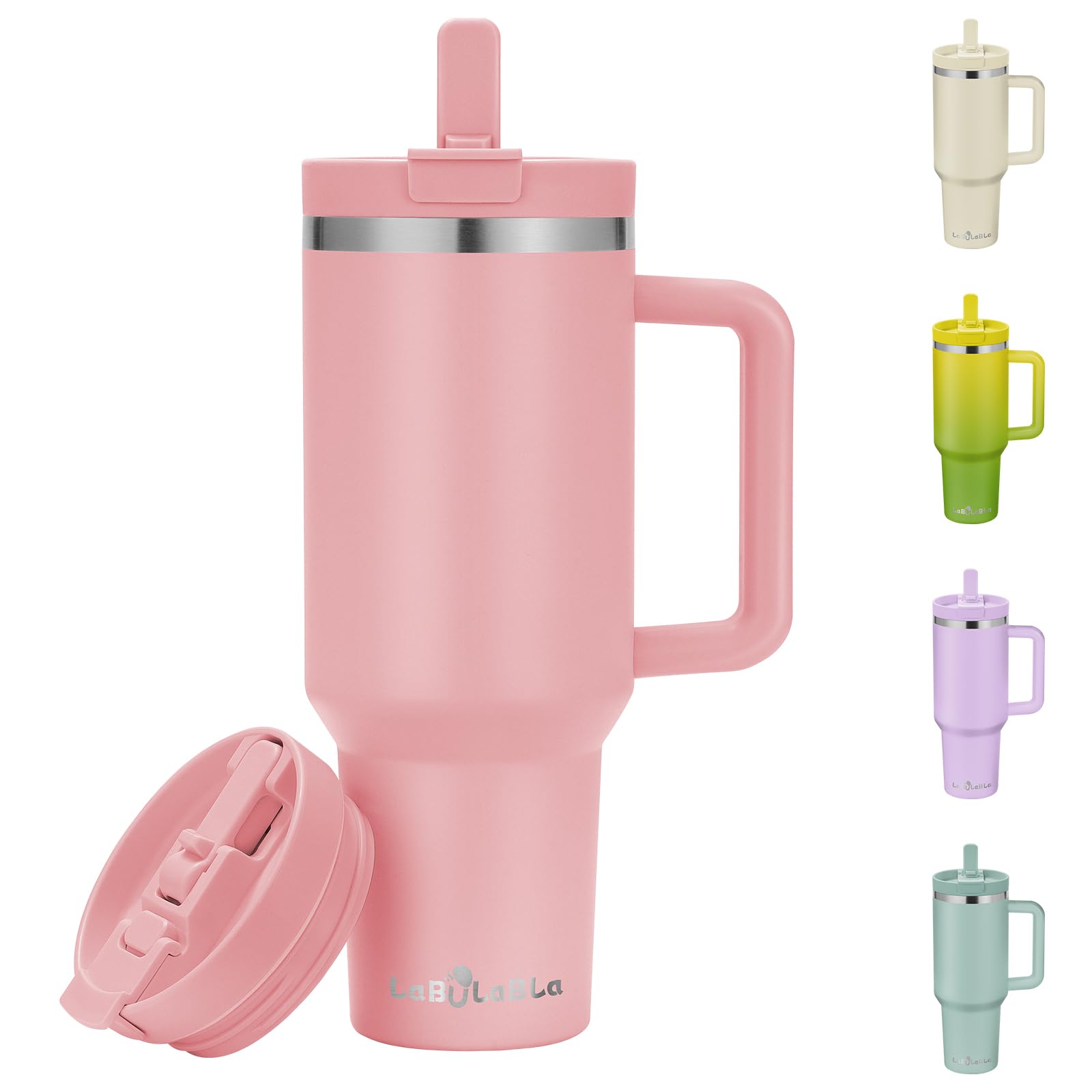 40oz Stainless Steel Insulated Tumbler with Flip Straw, 2-in-1 Lid, 100% Leakproof, Cup Holder Friendly, Handle, BPA-Free (light pink, 40, ounces)