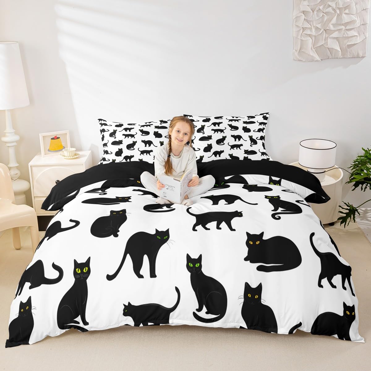 Homewish Poszewka na kołdrę dla dzieci z czarnymi kotami, super king, dla dzieci, nastolatków, dorosłych, motyw Halloween, poszewka na kołdrę, piękny zestaw pościeli dla kota na Halloween, z 2