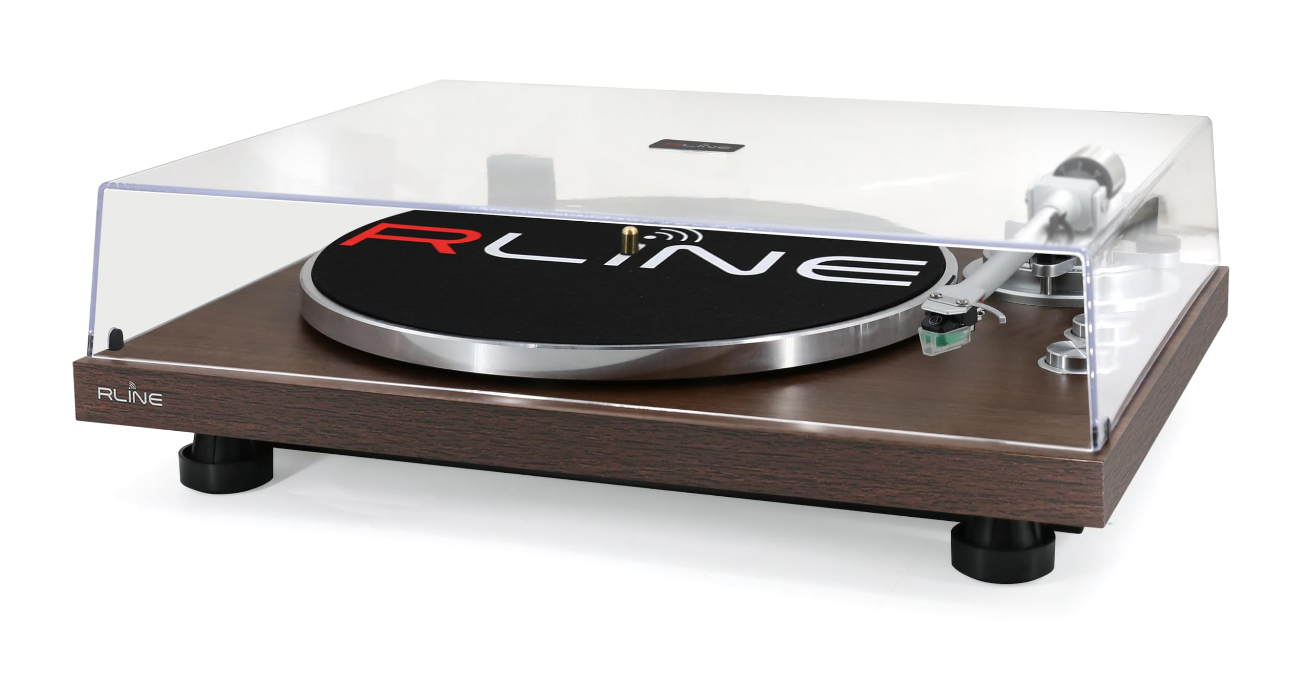 RLINE Gramofon winylowy Bluetooth, orzech włoski, odtwarzacz winylowy 33 i 45 obrotów, talerz ciśnieniowy 12" aluminium, wkład magnetyczny VM-95E, aktywny przedwzmacniacz, funkcja zapobiegająca