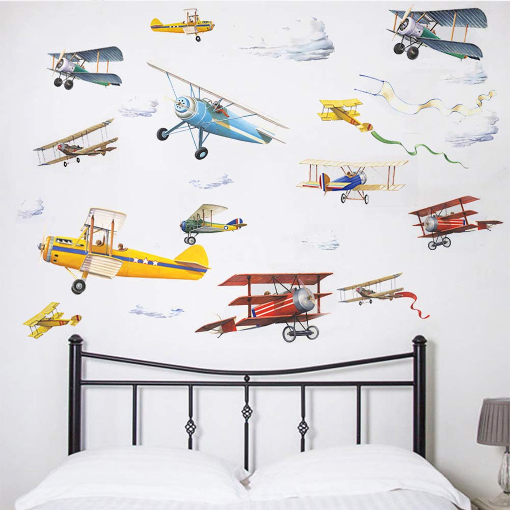 WINDVALEWatercolor Airplane Wall Decals, Removable Wall Stickers for Nursery Playroom Kids Bedroom Decoration, Aircrafts Theme Boys Bedroom Wall Decoration (Airplane, 9.8" X 18" X4Pcs)