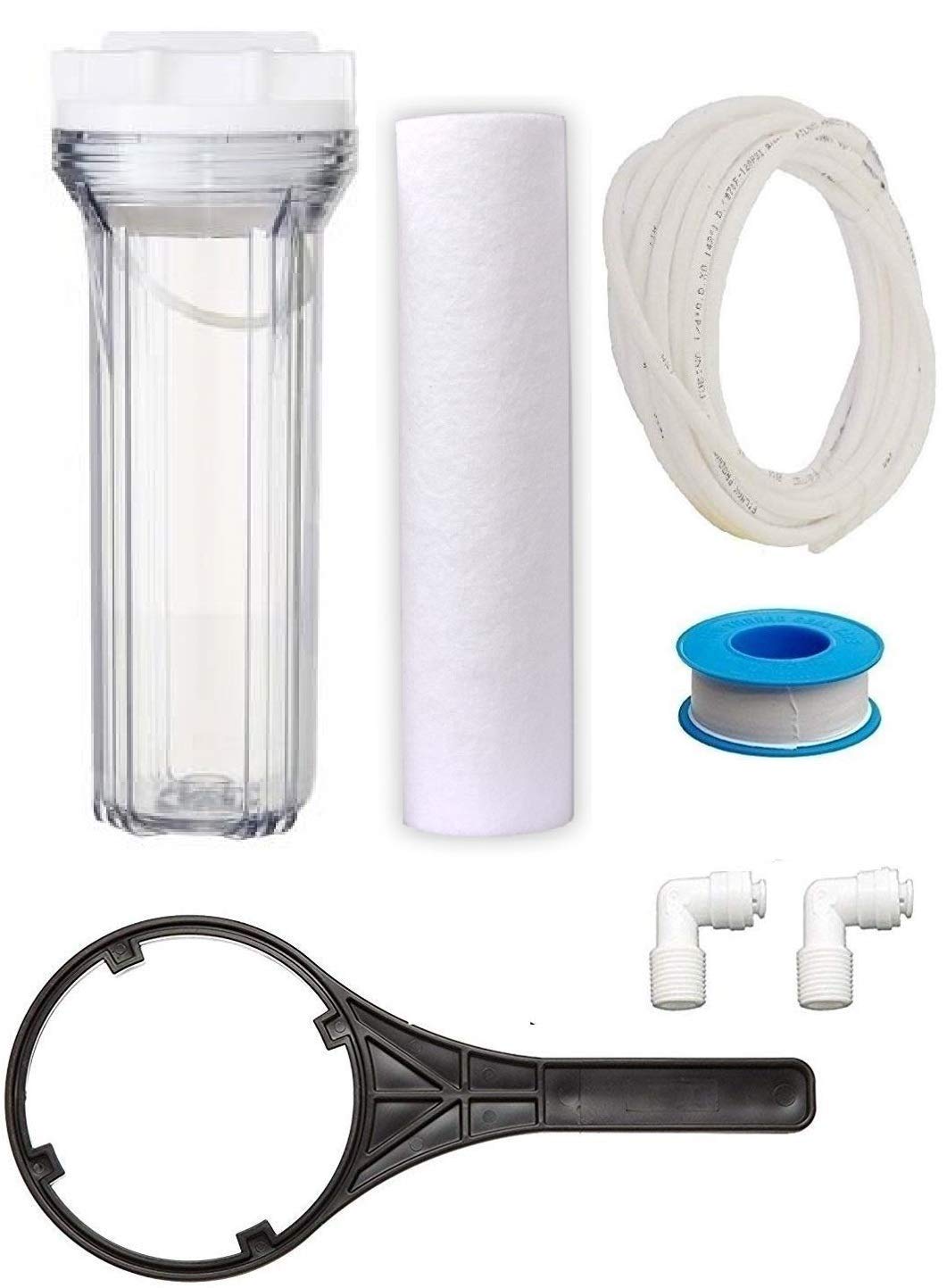 RO Service Kit 10 Inch Crystal Glass Clear Transparent Pre Filter Housing with 1 10 Inch Spun, 1 Spanner Key, 1 Teflon Tape, 2 Pieces 44565 inch Elbow-image-23