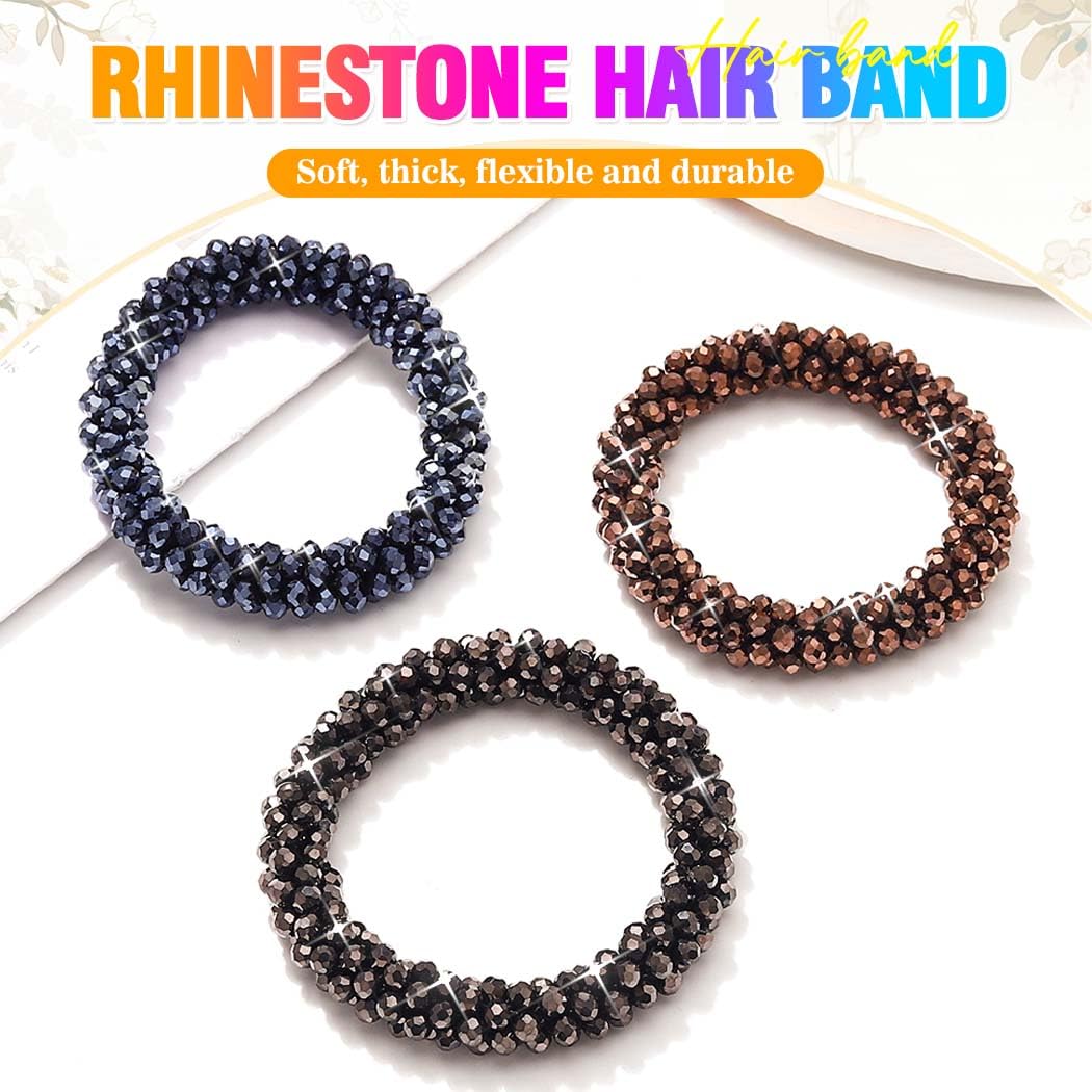 Reaky Beaded Scrunchie Fancy Hair Bobble Sparkly Rhinestone Hair Ties Hair Accessories for Women, Black, Blue, Brown - Image 2