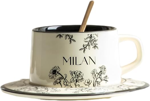 DEARART Elegant Coffee Mug Beautiful Flower Tea Cup, Ceramic Material with Plate & Spoons, Small Gift for Women, 7oz 220ml Black