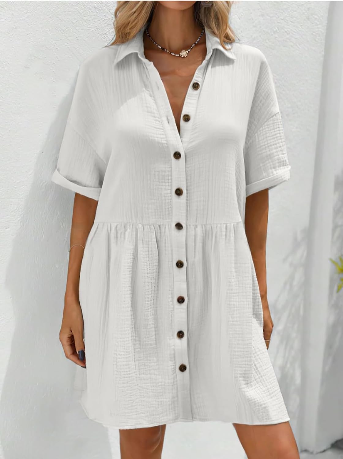 ThCreasa Womens Solid Short Sleeve Shirt Mini Dress Texture Button Down Loose Tunic Causal Babydoll Short Dresses - Image 3