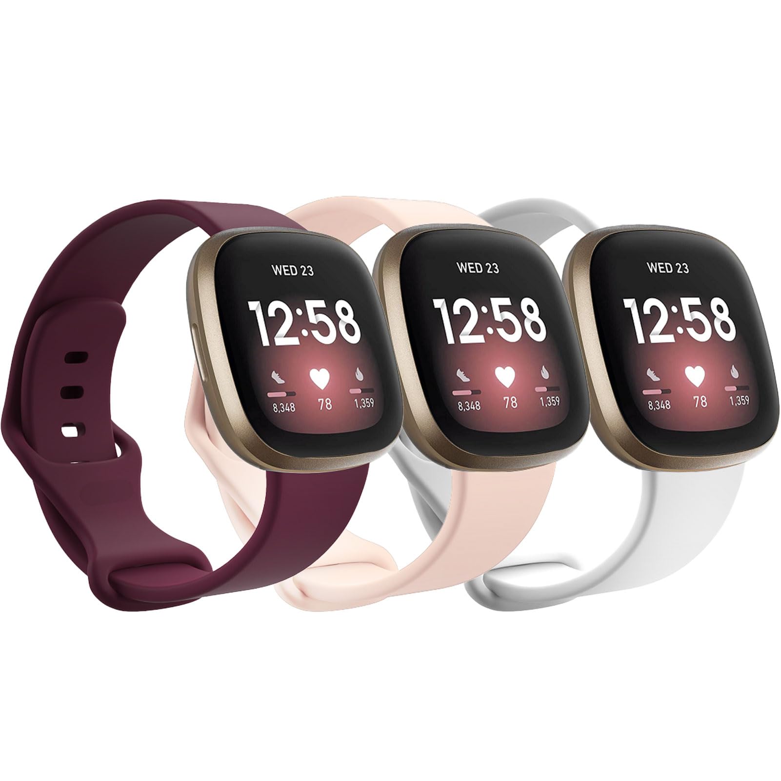 Garmcool 3 Pack Straps Compatible for Fitbit versa 4/3, Sense 2 / Sense Strap, Adjustable Replacement Silicone Sport Bands for Women Men/Burgundy, Pink, White, L
