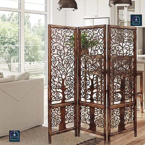 Image of Wooden Room Partition /Screen /Room Divider /Room Separator Traditional Handicrafts 6Ft (Dark Brown) (Tree 3 Panel)