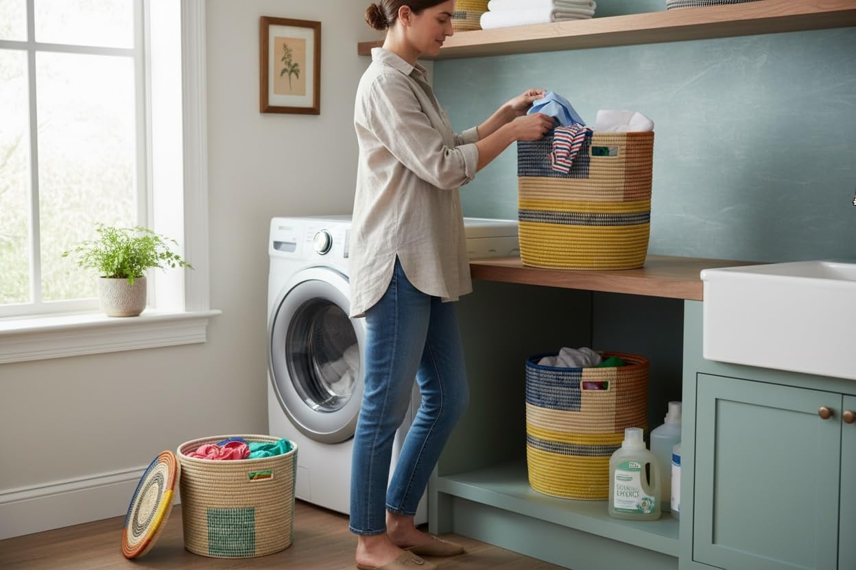 Large Laundry Woven Malawi Storage Basket With Lid: Salima Storage Basket - Multi Colored