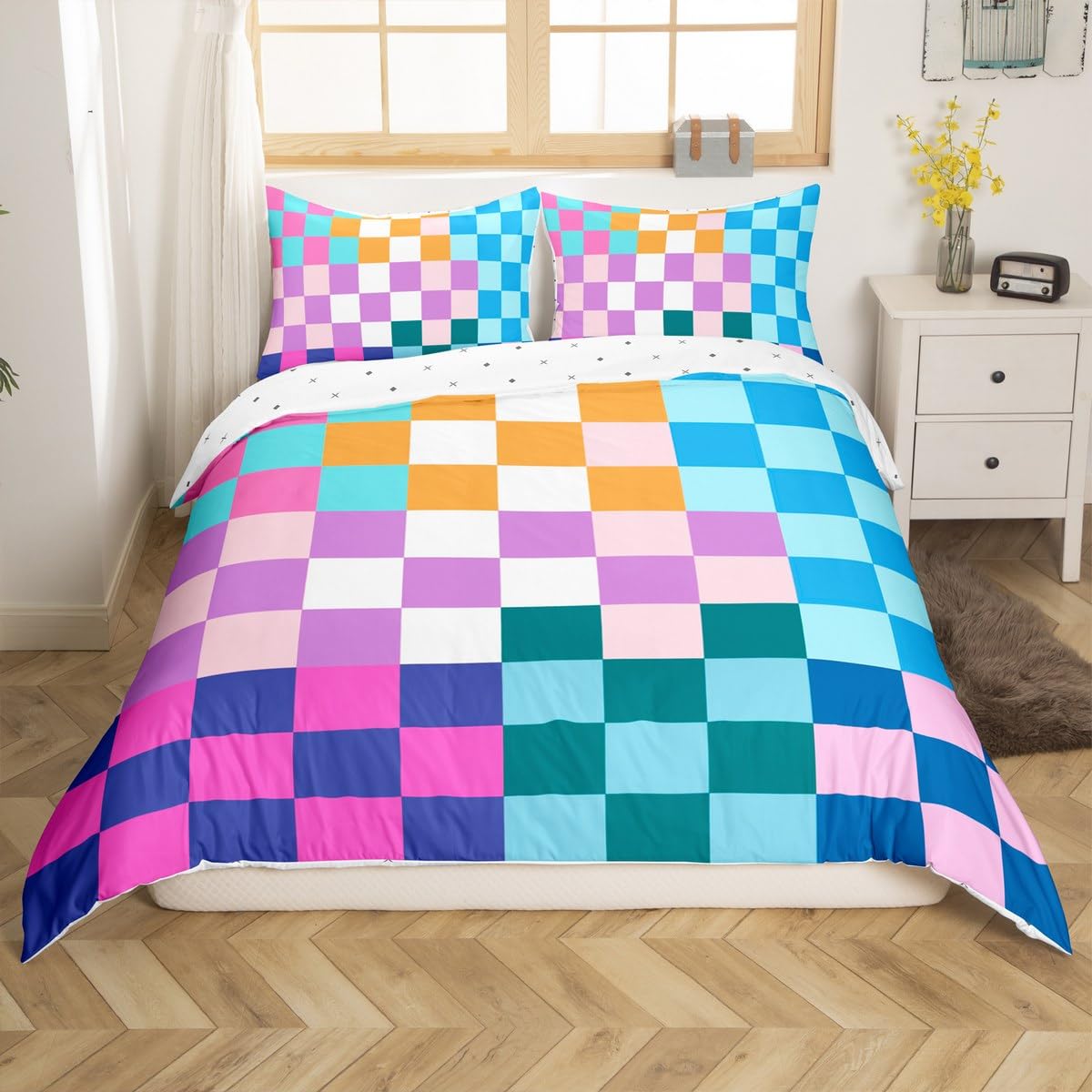 Feelyou Multicolored Checkered Retro Bedding Set Kids Boys Girls Geometric Vintage Duvet Cover Full Size Rainbow Colorful Comforter Cover Modern Simple Groovy Aesthetic Room Decor